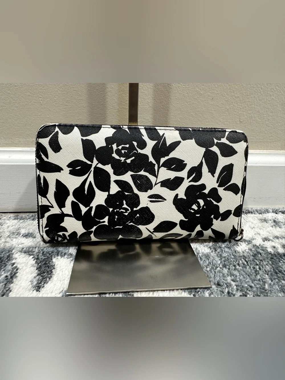 Steve Madden Black & White Floral Zip-Around Wallet/Wristlet with Gold Accent